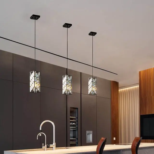 Main image of 4" Modern Crystal Pendant Light - 3 Pack, Adjustable Hanging Ceiling Lamp with Crystal Prism Design for Dining Room, Kitchen Island, and Living Room -Black Finish