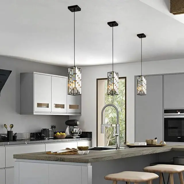 Alt view image 2 of 7 - 4" Modern Crystal Pendant Light - 3 Pack, Adjustable Hanging Ceiling Lamp with Crystal Prism Design for Dining Room, Kitchen Island, and Living Room -Black Finish