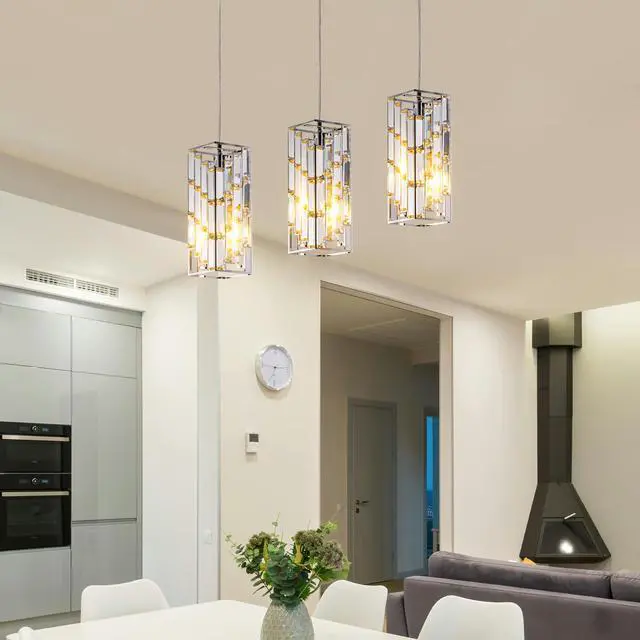 Alt view image 2 of 7 - 4" Modern Crystal Pendant Light - 3 Pack, Adjustable Hanging Ceiling Lamp with Crystal Prism Design for Dining Room, Kitchen Island, and Living Room -Chrome Finish