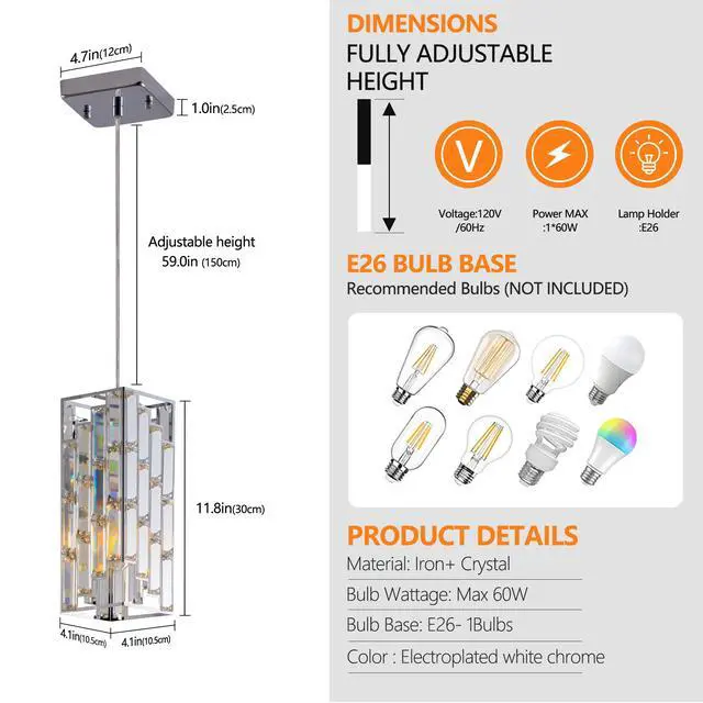 Alt view image 5 of 7 - 4" Modern Crystal Pendant Light - 3 Pack, Adjustable Hanging Ceiling Lamp with Crystal Prism Design for Dining Room, Kitchen Island, and Living Room -Chrome Finish