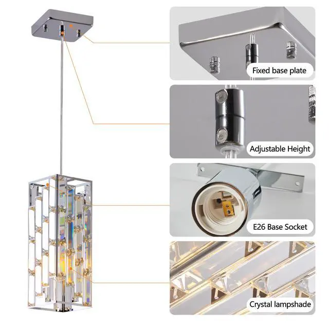 Alt view image 6 of 7 - 4" Modern Crystal Pendant Light - 3 Pack, Adjustable Hanging Ceiling Lamp with Crystal Prism Design for Dining Room, Kitchen Island, and Living Room -Chrome Finish