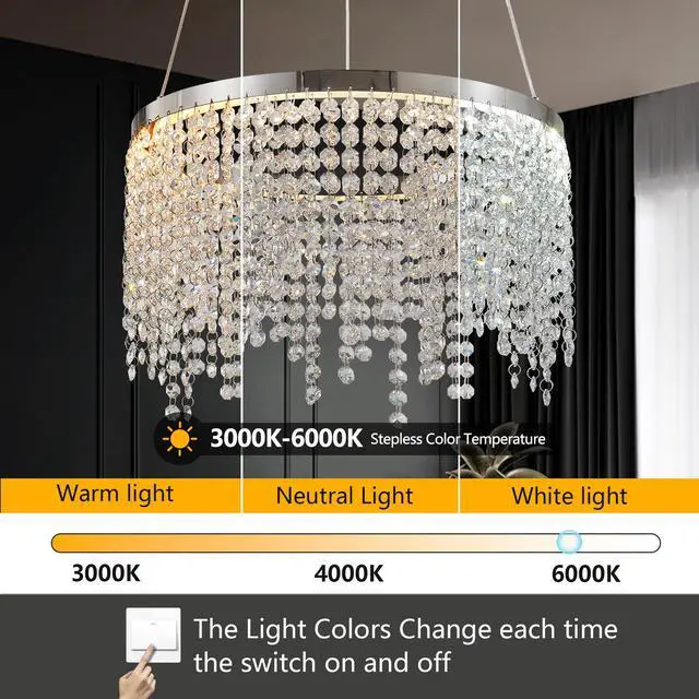 Alt view image 6 of 7 - 16-inch Luxury Crystal Led Chandelier - Adjustable Height and Color Temperature (3000K-6000K) - Modern Chandelier for Living Room, Dining Room and Bedroom