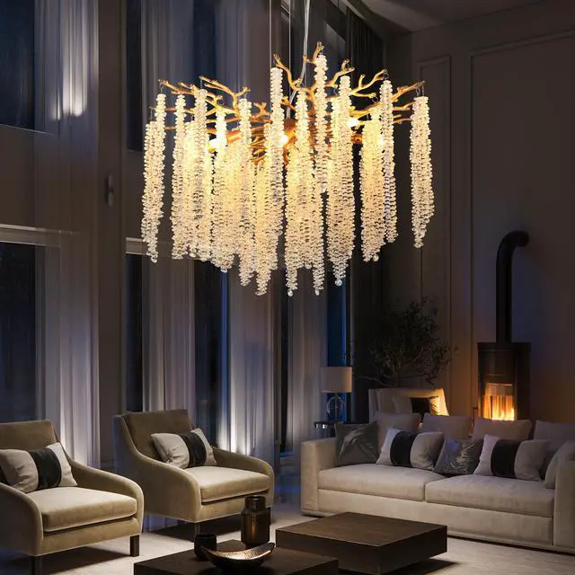 Alt view image 2 of 7 - 24-inch Modern Golden Pendant Light with Cascading Crystal Strands, Ideal for Living Room, Dining Room and Foyer, High-End Decorative Lighting Fixture (Bulb Not included)