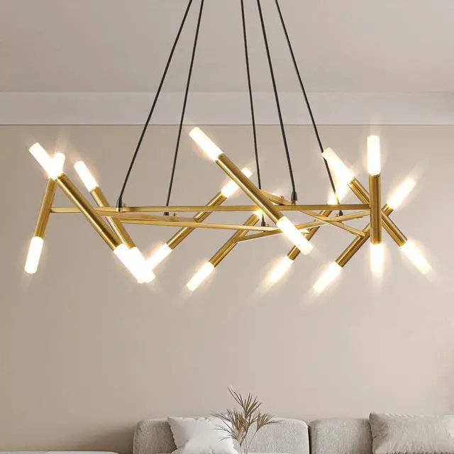 Alt view image 2 of 7 - 41" Golden Modern Chandelier Light Fixture, Branch Design with Frosted Tubes, Black Cords, Adjustable Height Pendant Light for Dining Room, Living Room, Or Kitchen Island (Bulb Not included)
