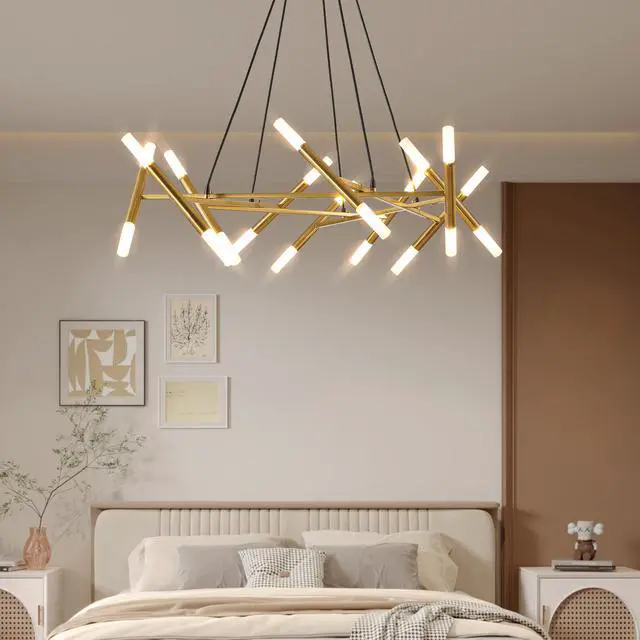 Alt view image 4 of 7 - 41" Golden Modern Chandelier Light Fixture, Branch Design with Frosted Tubes, Black Cords, Adjustable Height Pendant Light for Dining Room, Living Room, Or Kitchen Island (Bulb Not included)