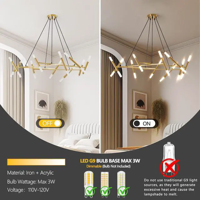 Alt view image 6 of 7 - 41" Golden Modern Chandelier Light Fixture, Branch Design with Frosted Tubes, Black Cords, Adjustable Height Pendant Light for Dining Room, Living Room, Or Kitchen Island (Bulb Not included)