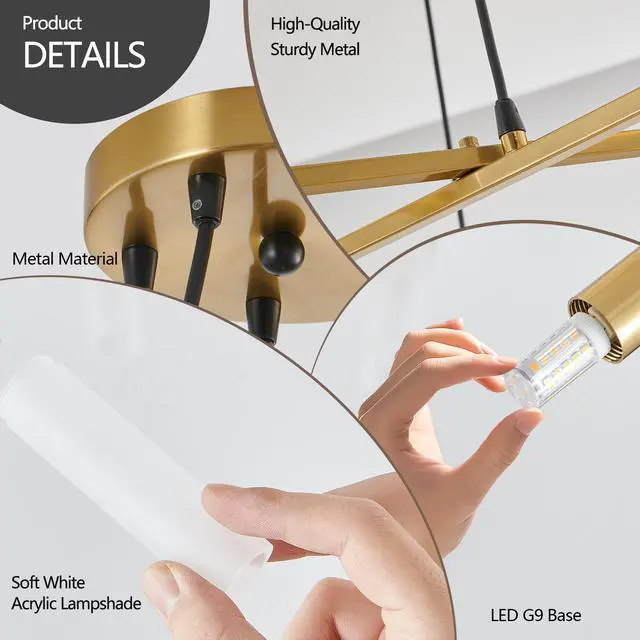 Alt view image 7 of 7 - 41" Golden Modern Chandelier Light Fixture, Branch Design with Frosted Tubes, Black Cords, Adjustable Height Pendant Light for Dining Room, Living Room, Or Kitchen Island (Bulb Not included)