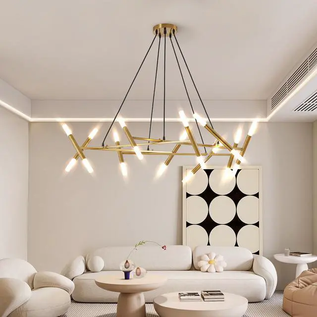 Alt view image 5 of 7 - 41" Golden Modern Chandelier Light Fixture, Branch Design with Frosted Tubes, Black Cords, Adjustable Height Pendant Light for Dining Room, Living Room, Or Kitchen Island (Bulb Not included)