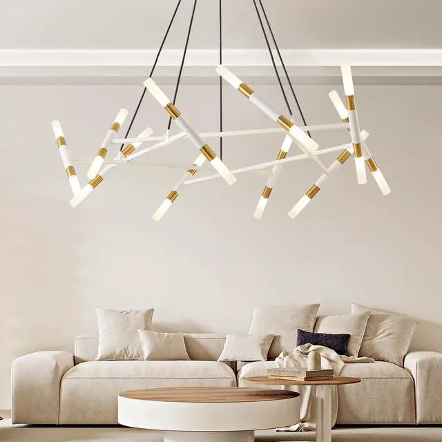 Alt view image 4 of 7 - 41" White & Golden Modern Chandelier Light Fixture, Branch Design with Frosted Tubes, Black Cords, Adjustable Height Pendant Light for Dining Room, Living Room, Or Kitchen Island (Bulb Not included)