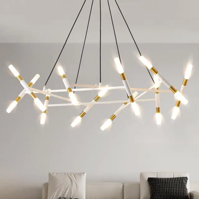 Alt view image 2 of 7 - 41" White & Golden Modern Chandelier Light Fixture, Branch Design with Frosted Tubes, Black Cords, Adjustable Height Pendant Light for Dining Room, Living Room, Or Kitchen Island (Bulb Not included)