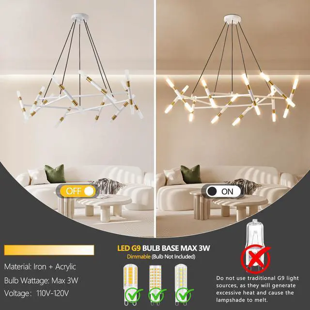 Alt view image 5 of 7 - 41" White & Golden Modern Chandelier Light Fixture, Branch Design with Frosted Tubes, Black Cords, Adjustable Height Pendant Light for Dining Room, Living Room, Or Kitchen Island (Bulb Not included)
