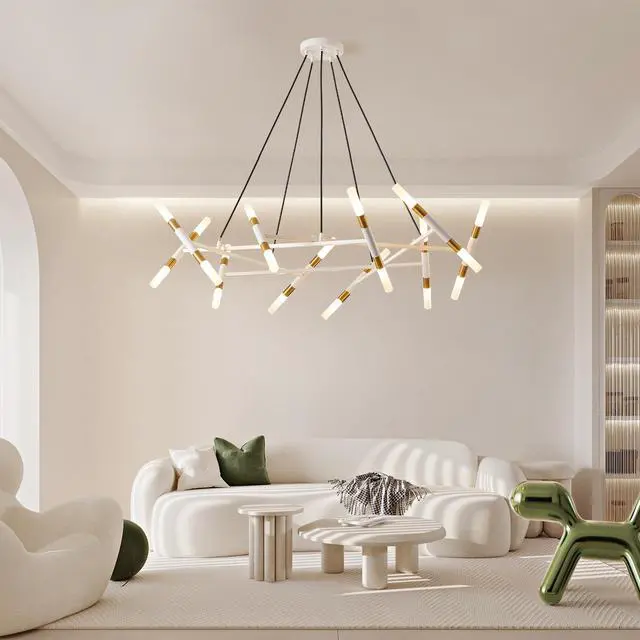 Alt view image 3 of 7 - 41" White & Golden Modern Chandelier Light Fixture, Branch Design with Frosted Tubes, Black Cords, Adjustable Height Pendant Light for Dining Room, Living Room, Or Kitchen Island (Bulb Not included)