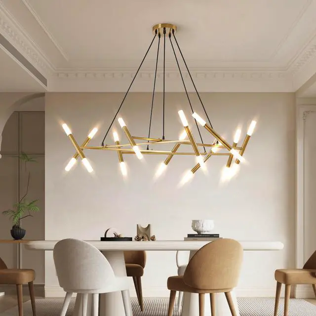 Alt view image 3 of 7 - 41" Golden Modern Chandelier Light Fixture, Branch Design with Frosted Tubes, Black Cords, Adjustable Height Pendant Light for Dining Room, Living Room, Or Kitchen Island (Bulb Not included)
