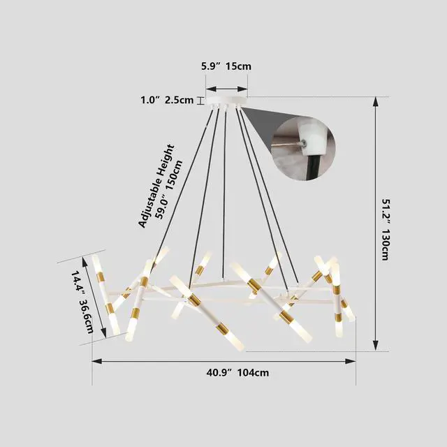 Alt view image 7 of 7 - 41" White & Golden Modern Chandelier Light Fixture, Branch Design with Frosted Tubes, Black Cords, Adjustable Height Pendant Light for Dining Room, Living Room, Or Kitchen Island (Bulb Not included)