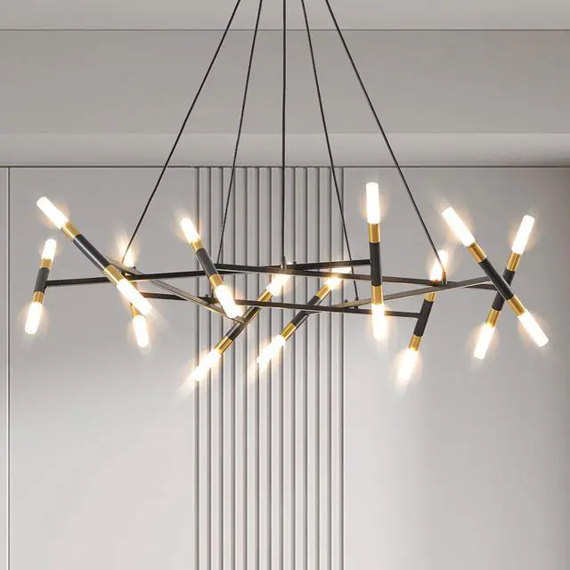Main image of 41" Black & Golden Modern Chandelier Light Fixture, Branch Design with Frosted Tubes, Black Cords, Adjustable Height Pendant Light for Dining Room, Living Room, Or Kitchen Island (Bulb Not included)