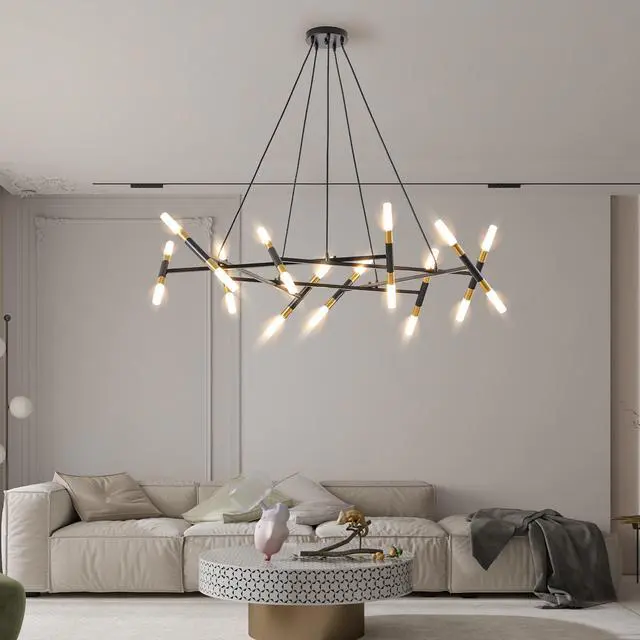 Alt view image 3 of 7 - 41" Black & Golden Modern Chandelier Light Fixture, Branch Design with Frosted Tubes, Black Cords, Adjustable Height Pendant Light for Dining Room, Living Room, Or Kitchen Island (Bulb Not included)