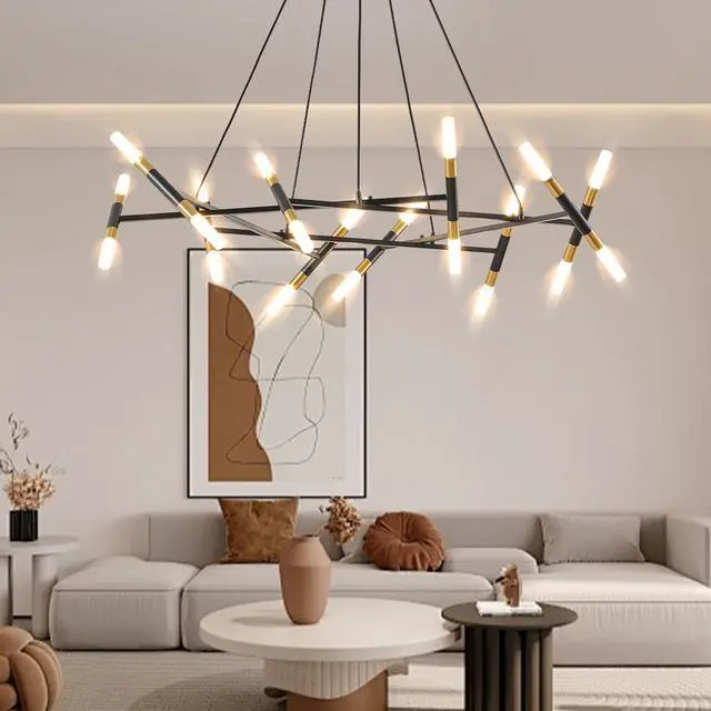Alt view image 2 of 7 - 41" Black & Golden Modern Chandelier Light Fixture, Branch Design with Frosted Tubes, Black Cords, Adjustable Height Pendant Light for Dining Room, Living Room, Or Kitchen Island (Bulb Not included)