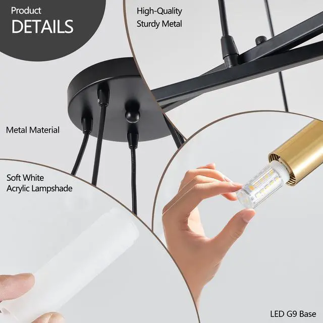 Alt view image 7 of 7 - 41" Black & Golden Modern Chandelier Light Fixture, Branch Design with Frosted Tubes, Black Cords, Adjustable Height Pendant Light for Dining Room, Living Room, Or Kitchen Island (Bulb Not included)