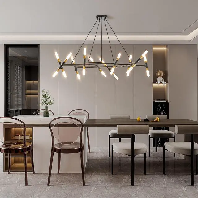 Alt view image 5 of 7 - 41" Black & Golden Modern Chandelier Light Fixture, Branch Design with Frosted Tubes, Black Cords, Adjustable Height Pendant Light for Dining Room, Living Room, Or Kitchen Island (Bulb Not included)