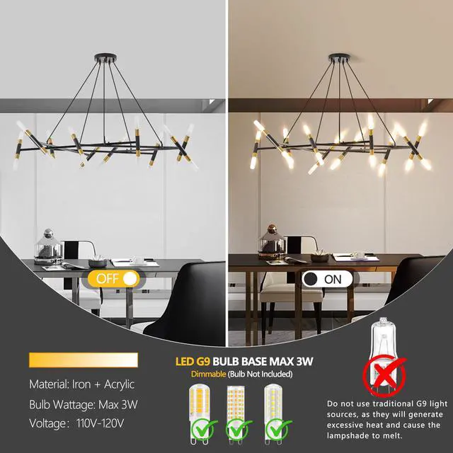 Alt view image 6 of 7 - 41" Black & Golden Modern Chandelier Light Fixture, Branch Design with Frosted Tubes, Black Cords, Adjustable Height Pendant Light for Dining Room, Living Room, Or Kitchen Island (Bulb Not included)