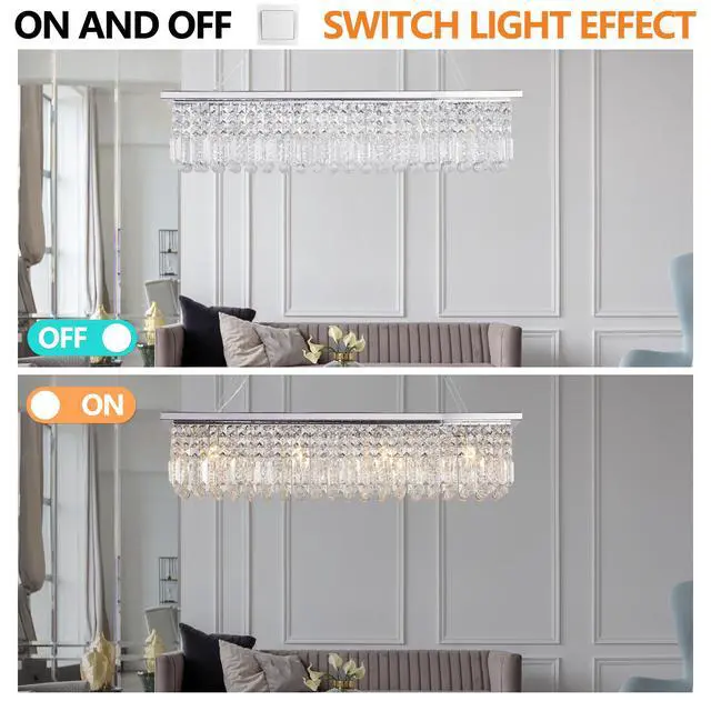 Alt view image 7 of 7 - Modern Crystal Chandelier for Dining Room 8-Light White Rectangle Raindrop Chandelier Contemporary Rectangular Pendant Light Fixture for Kitchen Island Bar L39.4'' x W9.8'' x H8.7'(Bulb Not included)