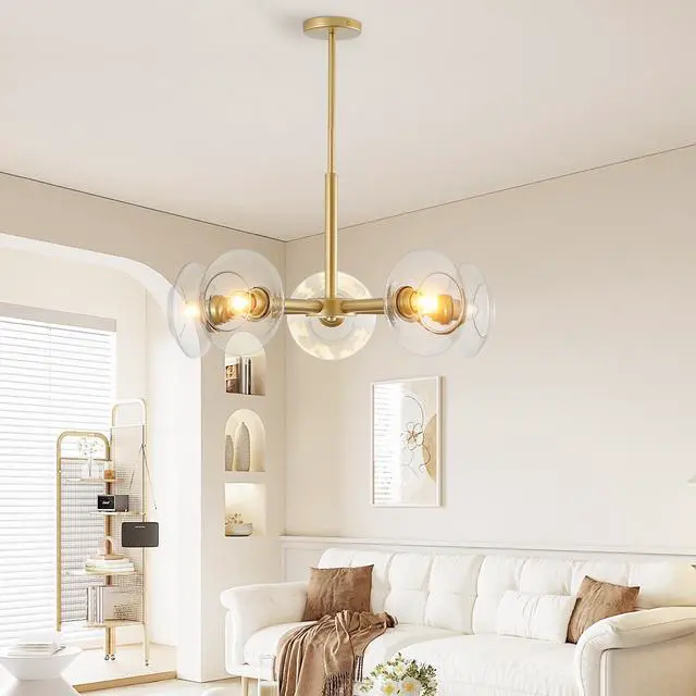 Alt view image 5 of 7 - 26" Modern Gold 5-Light Sputnik Chandelier with Clear Glass Shades, Mid-Century Hanging Pendant Light Fixture for Dining Room, Living Room, Or Kitchen (Bulb Not included)