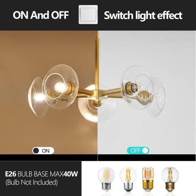 Alt view image 7 of 7 - 26" Modern Gold 5-Light Sputnik Chandelier with Clear Glass Shades, Mid-Century Hanging Pendant Light Fixture for Dining Room, Living Room, Or Kitchen (Bulb Not included)