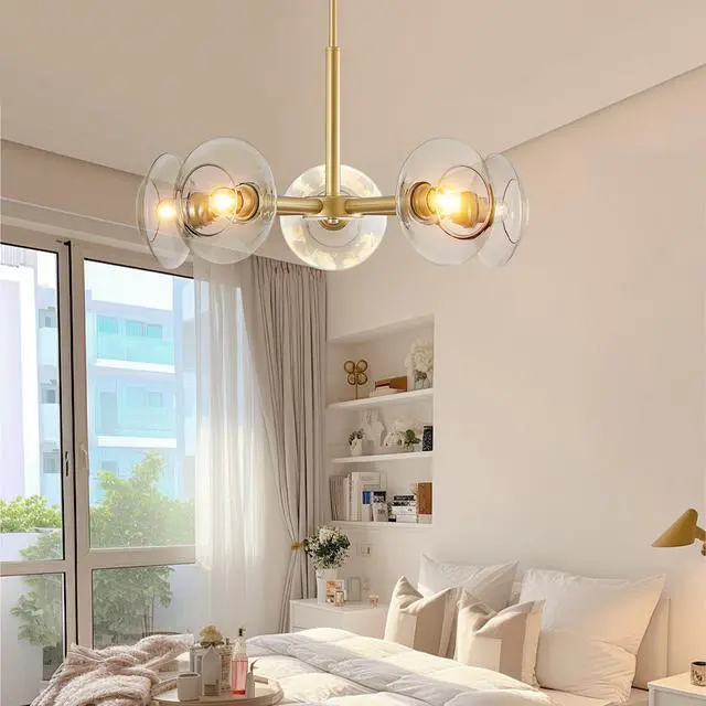 Alt view image 4 of 7 - 26" Modern Gold 5-Light Sputnik Chandelier with Clear Glass Shades, Mid-Century Hanging Pendant Light Fixture for Dining Room, Living Room, Or Kitchen (Bulb Not included)