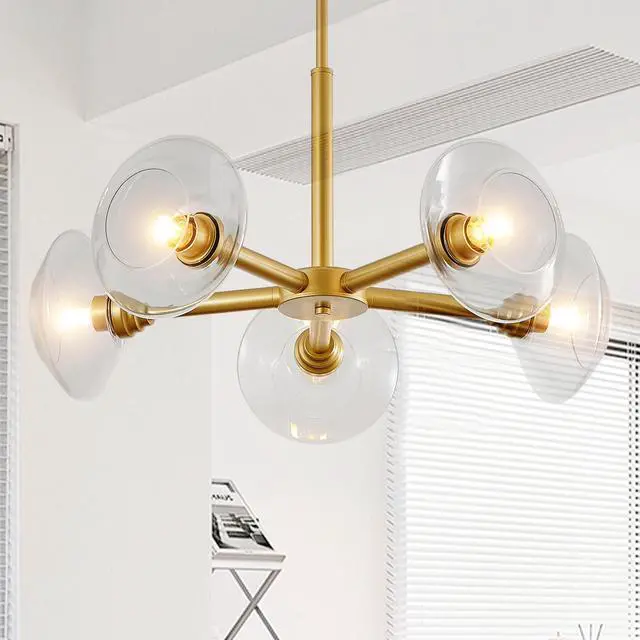 Alt view image 6 of 7 - 26" Modern Gold 5-Light Sputnik Chandelier with Clear Glass Shades, Mid-Century Hanging Pendant Light Fixture for Dining Room, Living Room, Or Kitchen (Bulb Not included)
