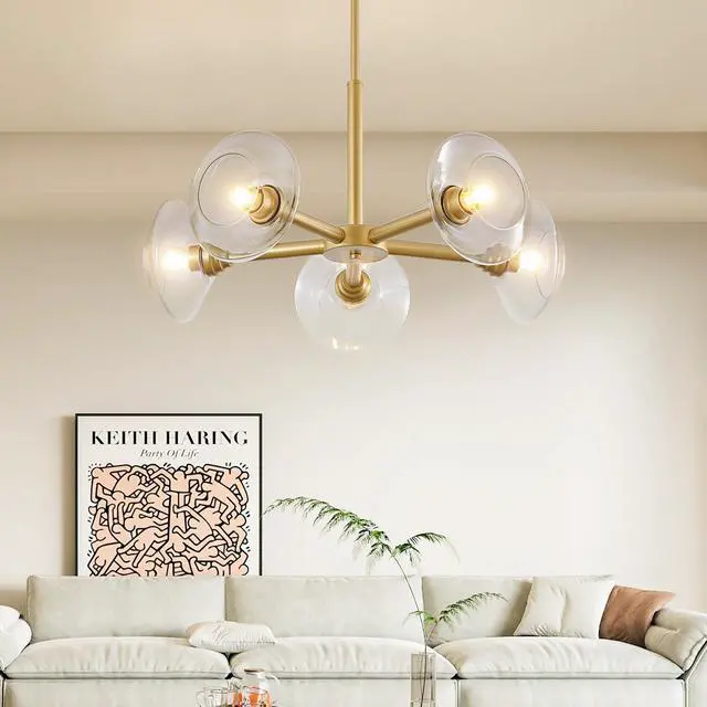 Main image of 26" Modern Gold 5-Light Sputnik Chandelier with Clear Glass Shades, Mid-Century Hanging Pendant Light Fixture for Dining Room, Living Room, Or Kitchen (Bulb Not included)