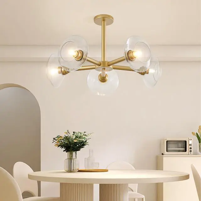 Alt view image 3 of 7 - 26" Modern Gold 5-Light Sputnik Chandelier with Clear Glass Shades, Mid-Century Hanging Pendant Light Fixture for Dining Room, Living Room, Or Kitchen (Bulb Not included)
