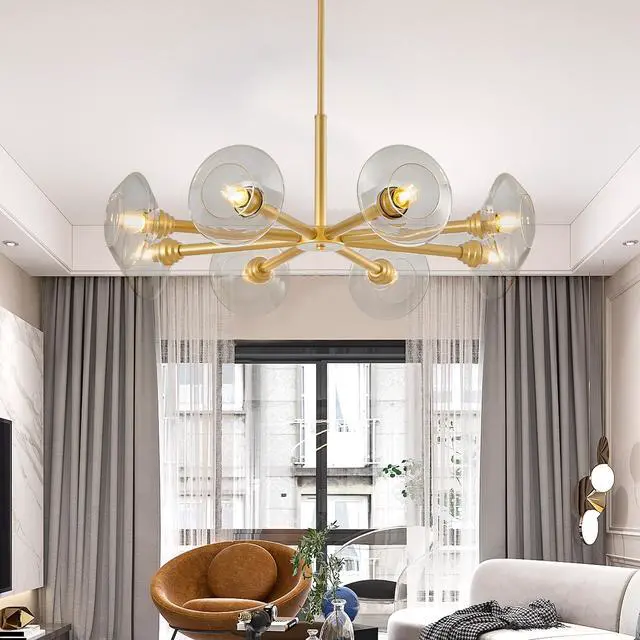 Main image of 36" Modern Gold 8-Light Sputnik Chandelier with Clear Glass Shades, Mid-Century Hanging Pendant Light Fixture for Dining Room, Living Room, Or Kitchen (Bulb Not included)