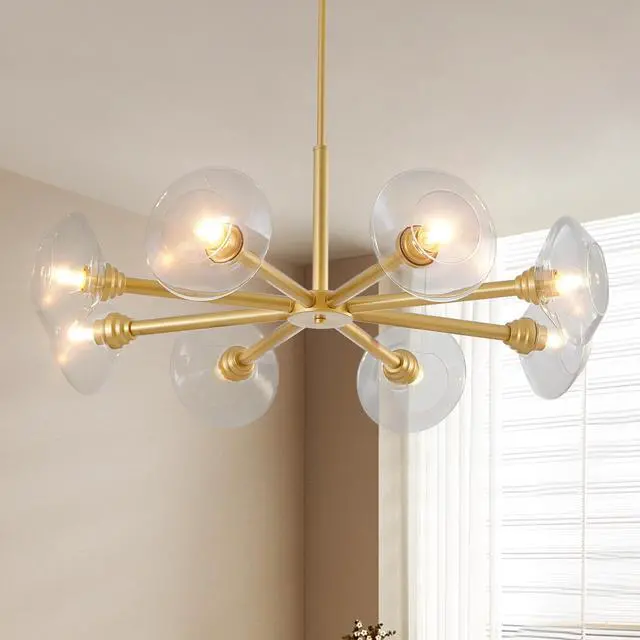 Alt view image 3 of 7 - 36" Modern Gold 8-Light Sputnik Chandelier with Clear Glass Shades, Mid-Century Hanging Pendant Light Fixture for Dining Room, Living Room, Or Kitchen (Bulb Not included)
