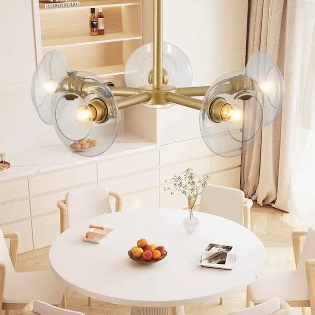 Alt view image 2 of 7 - 26" Modern Gold 5-Light Sputnik Chandelier with Clear Glass Shades, Mid-Century Hanging Pendant Light Fixture for Dining Room, Living Room, Or Kitchen (Bulb Not included)