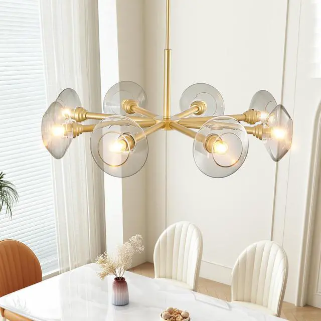 Alt view image 2 of 7 - 36" Modern Gold 8-Light Sputnik Chandelier with Clear Glass Shades, Mid-Century Hanging Pendant Light Fixture for Dining Room, Living Room, Or Kitchen (Bulb Not included)