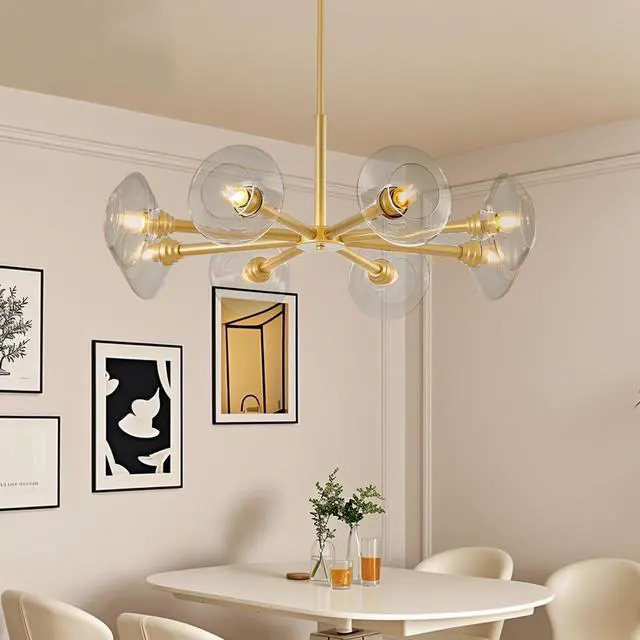 Alt view image 5 of 7 - 36" Modern Gold 8-Light Sputnik Chandelier with Clear Glass Shades, Mid-Century Hanging Pendant Light Fixture for Dining Room, Living Room, Or Kitchen (Bulb Not included)