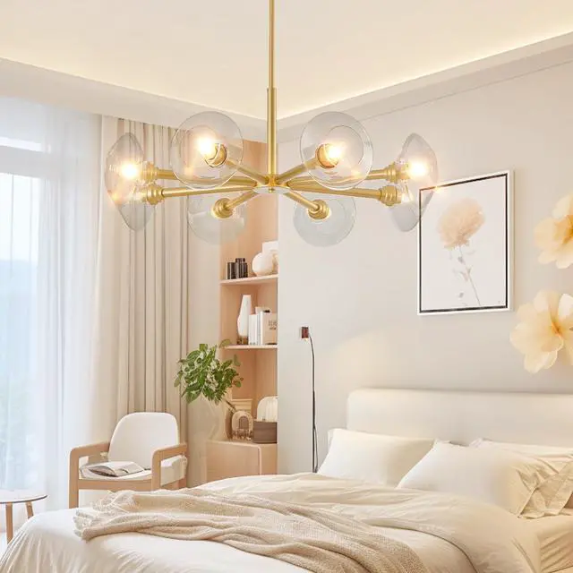 Alt view image 7 of 7 - 36" Modern Gold 8-Light Sputnik Chandelier with Clear Glass Shades, Mid-Century Hanging Pendant Light Fixture for Dining Room, Living Room, Or Kitchen (Bulb Not included)