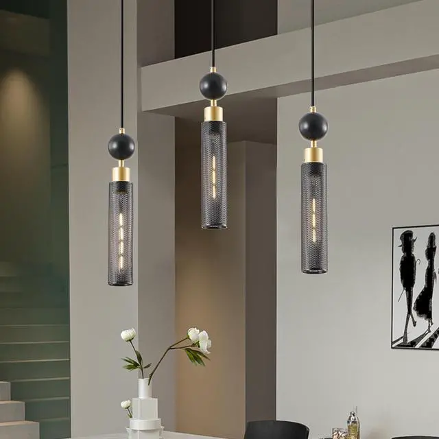 Alt view image 3 of 7 - 25" Modern Black and Gold 3-Light Pendant Chandelier, Adjustable Hanging Lights with Cylindrical Mesh Shades, E26 Base, Ideal for Dining Room, Kitchen Island, Or Living Room Lighting (No Bulbs)