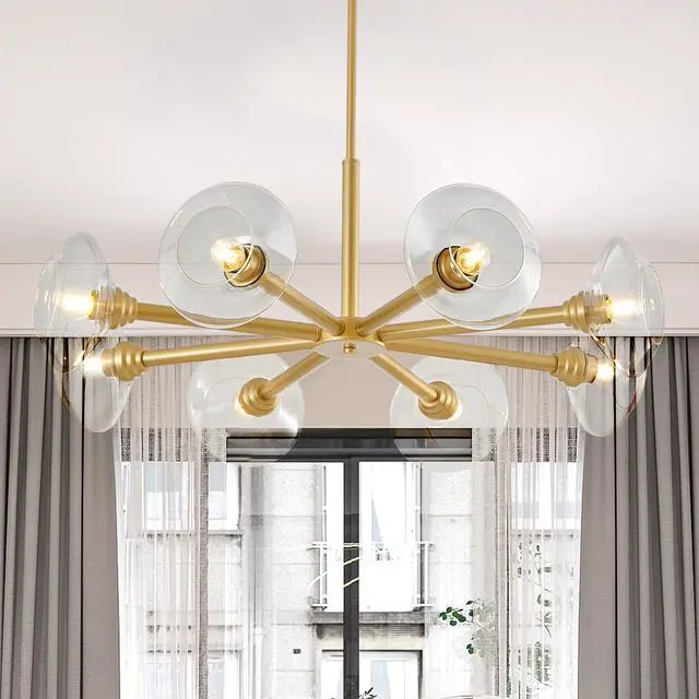 Alt view image 4 of 7 - 36" Modern Gold 8-Light Sputnik Chandelier with Clear Glass Shades, Mid-Century Hanging Pendant Light Fixture for Dining Room, Living Room, Or Kitchen (Bulb Not included)