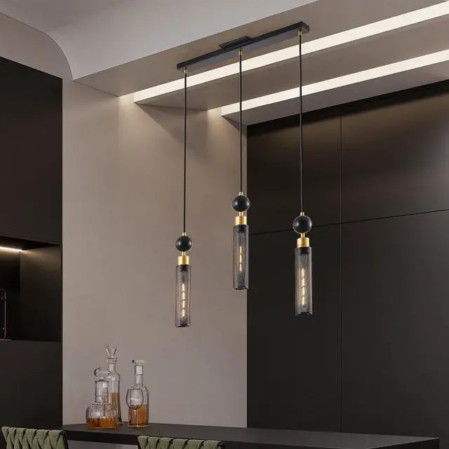 Alt view image 4 of 7 - 25" Modern Black and Gold 3-Light Pendant Chandelier, Adjustable Hanging Lights with Cylindrical Mesh Shades, E26 Base, Ideal for Dining Room, Kitchen Island, Or Living Room Lighting (No Bulbs)