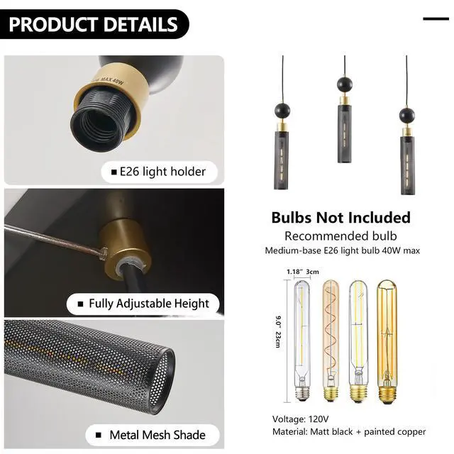 Alt view image 6 of 7 - 25" Modern Black and Gold 3-Light Pendant Chandelier, Adjustable Hanging Lights with Cylindrical Mesh Shades, E26 Base, Ideal for Dining Room, Kitchen Island, Or Living Room Lighting (No Bulbs)