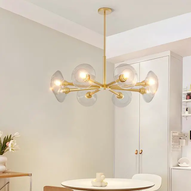 Alt view image 6 of 7 - 36" Modern Gold 8-Light Sputnik Chandelier with Clear Glass Shades, Mid-Century Hanging Pendant Light Fixture for Dining Room, Living Room, Or Kitchen (Bulb Not included)