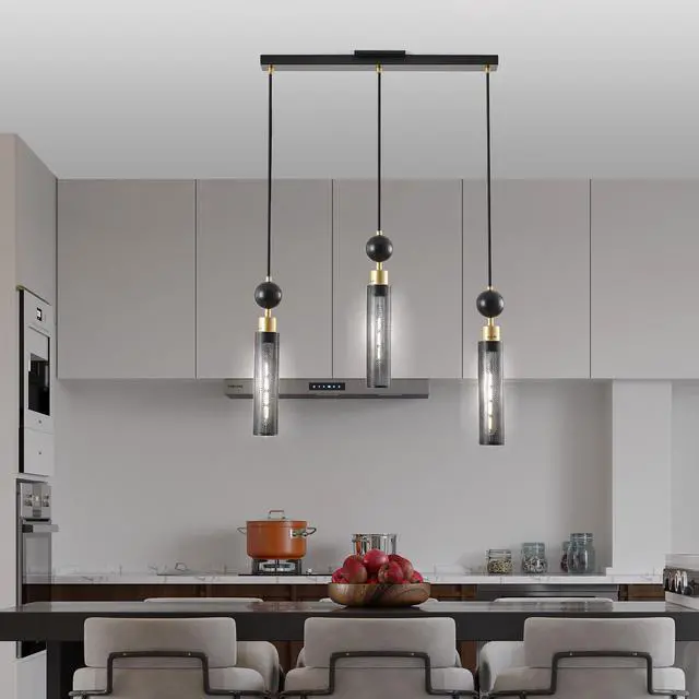 Alt view image 2 of 7 - 25" Modern Black and Gold 3-Light Pendant Chandelier, Adjustable Hanging Lights with Cylindrical Mesh Shades, E26 Base, Ideal for Dining Room, Kitchen Island, Or Living Room Lighting (No Bulbs)