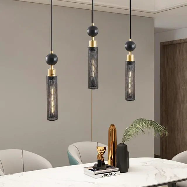 Main image of 25" Modern Black and Gold 3-Light Pendant Chandelier, Adjustable Hanging Lights with Cylindrical Mesh Shades, E26 Base, Ideal for Dining Room, Kitchen Island, Or Living Room Lighting (No Bulbs)