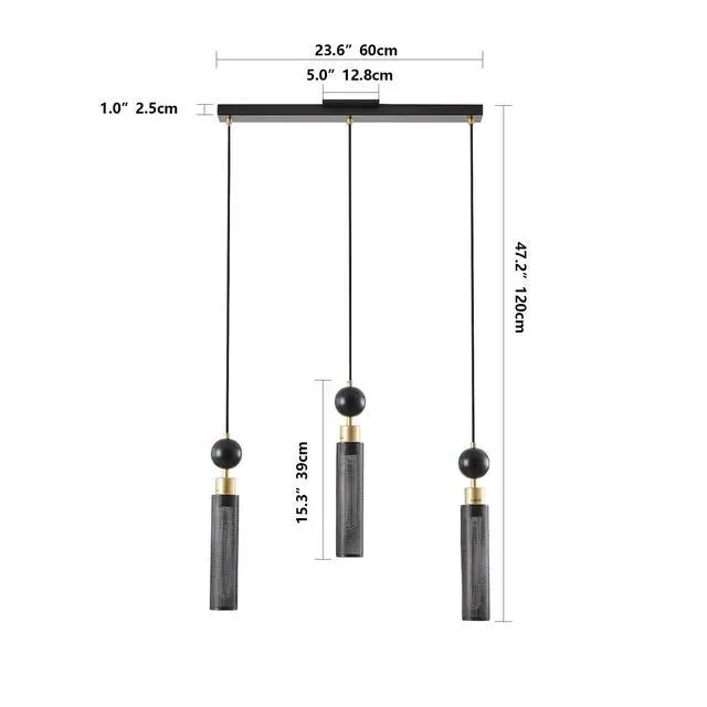 Alt view image 7 of 7 - 25" Modern Black and Gold 3-Light Pendant Chandelier, Adjustable Hanging Lights with Cylindrical Mesh Shades, E26 Base, Ideal for Dining Room, Kitchen Island, Or Living Room Lighting (No Bulbs)