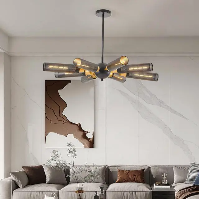 Main image of 34" Modern industrial Sputnik Chandelier, 8-Light Black and Gold Metal Pendant Light with Mesh Shades, E26 Base, Adjustable Height for Dining Room, Living Room, Or Kitchen Island (Bulb Not included)