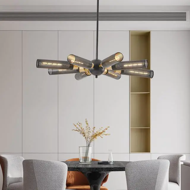 Alt view image 2 of 7 - 34" Modern industrial Sputnik Chandelier, 8-Light Black and Gold Metal Pendant Light with Mesh Shades, E26 Base, Adjustable Height for Dining Room, Living Room, Or Kitchen Island (Bulb Not included)