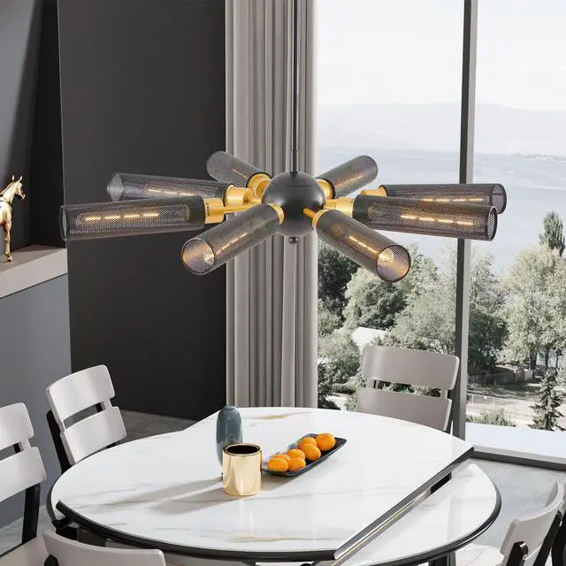 Alt view image 3 of 7 - 34" Modern industrial Sputnik Chandelier, 8-Light Black and Gold Metal Pendant Light with Mesh Shades, E26 Base, Adjustable Height for Dining Room, Living Room, Or Kitchen Island (Bulb Not included)