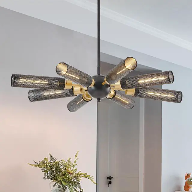 Alt view image 4 of 7 - 34" Modern industrial Sputnik Chandelier, 8-Light Black and Gold Metal Pendant Light with Mesh Shades, E26 Base, Adjustable Height for Dining Room, Living Room, Or Kitchen Island (Bulb Not included)