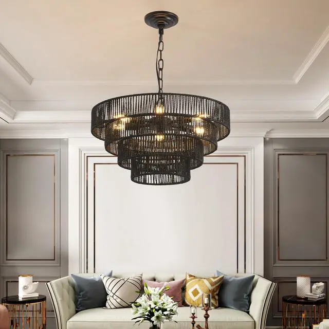 Main image of 20" Rustic 4-Tier Black Hemp Rope Pendant Light Chandelier with 6 E12 Sockets, Handmade Tiered Boho Ceiling Light Fixture for Dining Room, Kitchen, Or Foyer (Bulb Not included)